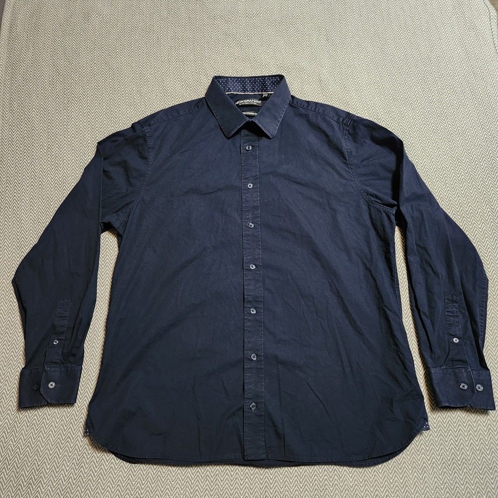Nick Graham Men's Stretch Modern Fit Dress Shirt Navy Blue SZ XL(17-17.5 36-37)